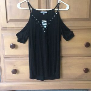 Black Exposed Shoulder Charolette Russe Top